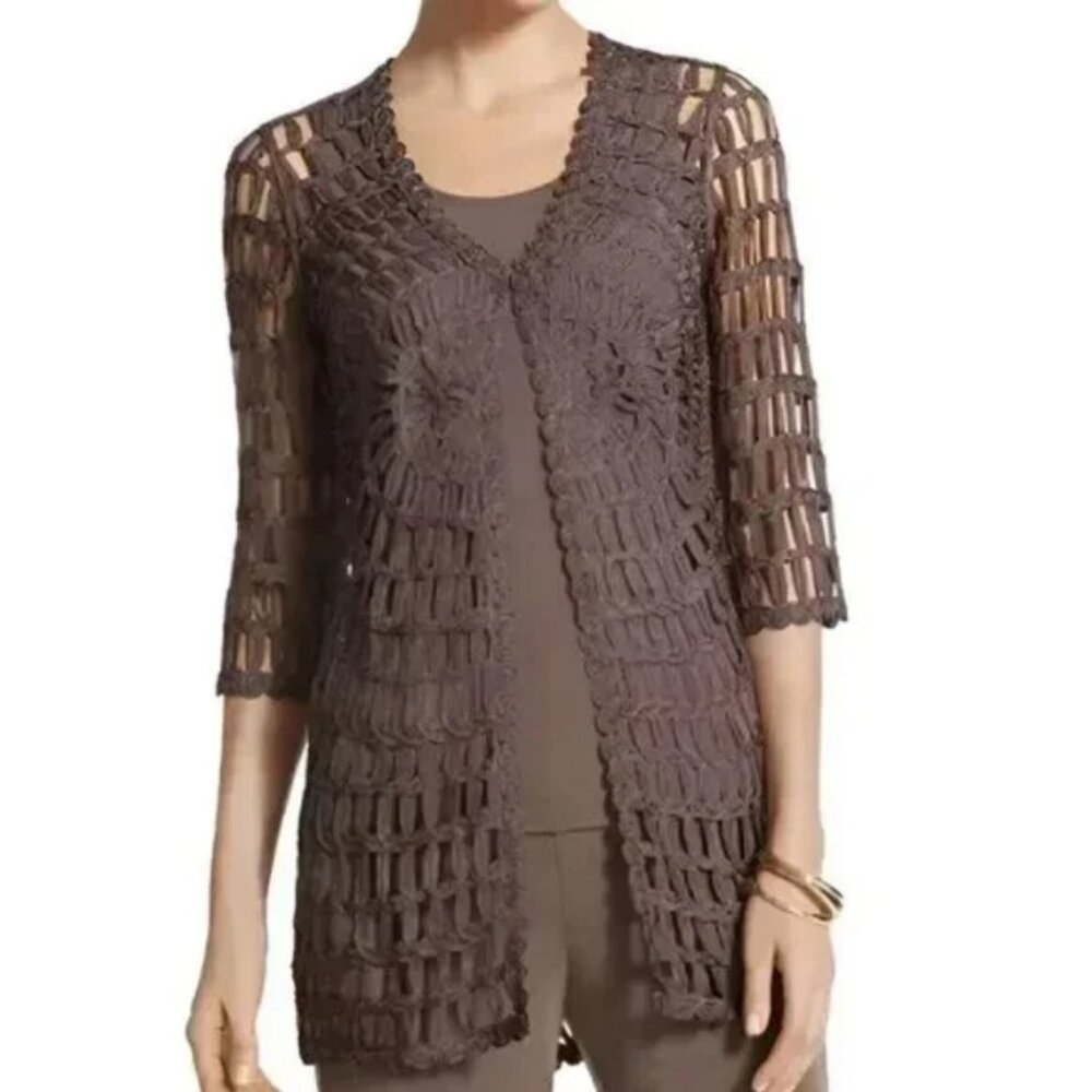 Chicos Travelers Taupe Brown Neutral Long Knit Dress Duster Cardigan Sweater 1 M